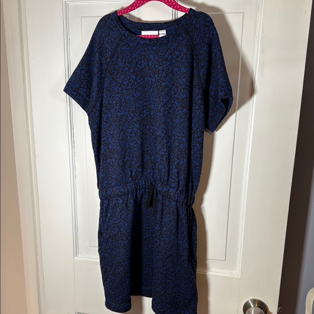 Zella Blue and Black Patterned Drop Waist Dress Terry Lining Size L 10/12